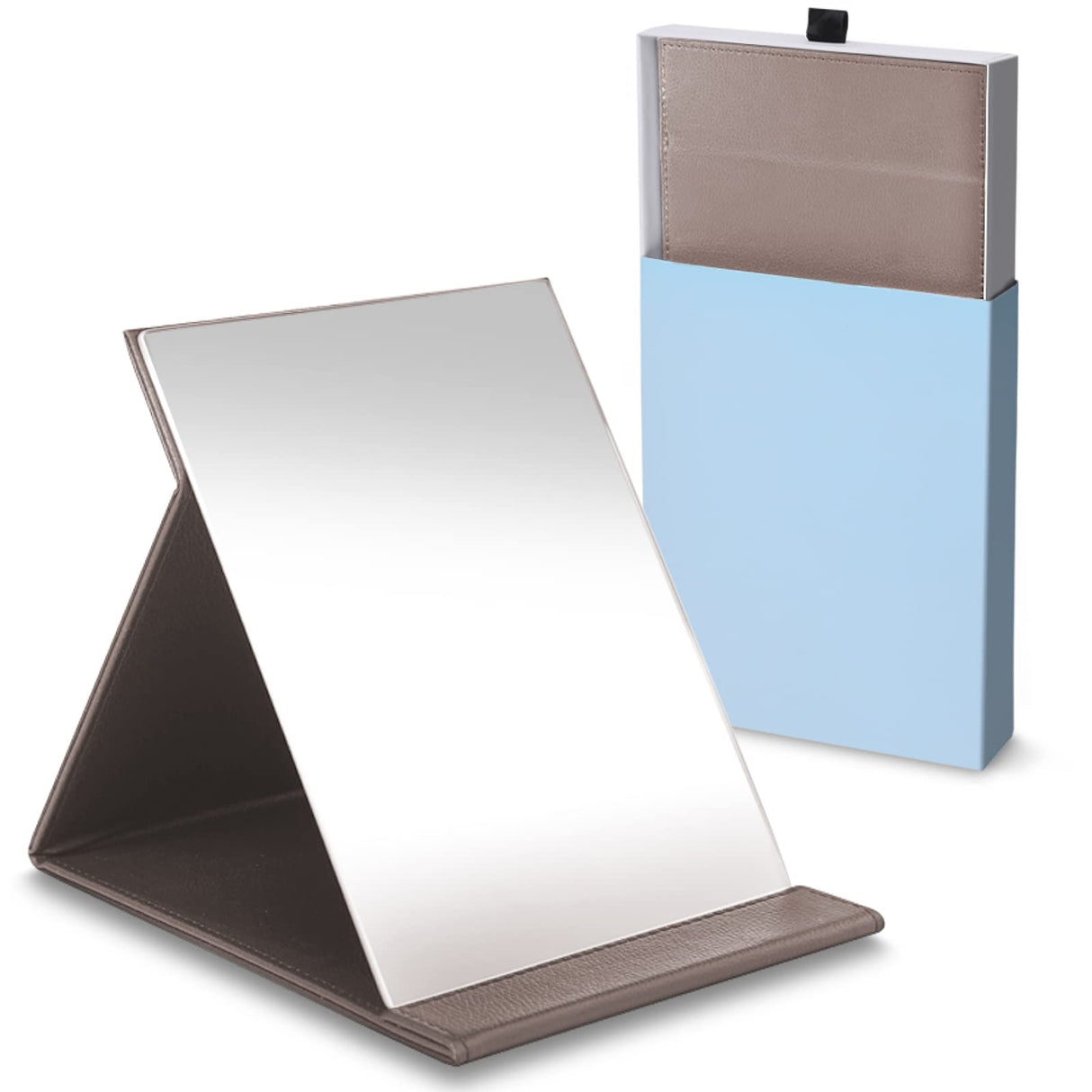 ICHIFUJI Standing Mirror, Tabletop Mirror, Stand Mirror, Makeup Mirror, Freely Adjustable Angle, Foldable, L, Greige