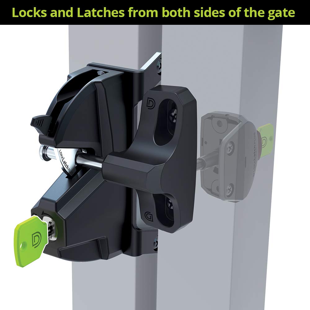 D&D Technologies LL3PWA LokkLatch Plus, Locking Privacy Gate Gravity Latch, Key Lockable on Both Sides of Gate, for Metal, Wood, and Vinyl Fences, Black