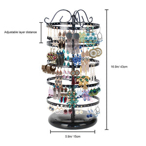 5 Tiers Metal Rotating Earring Holder Organizer, MODOWEY Exquisite Jewelry Display Stand Necklace Rack Holder, 220 Holes for Earrings- 14x6.3 Inch (Black)