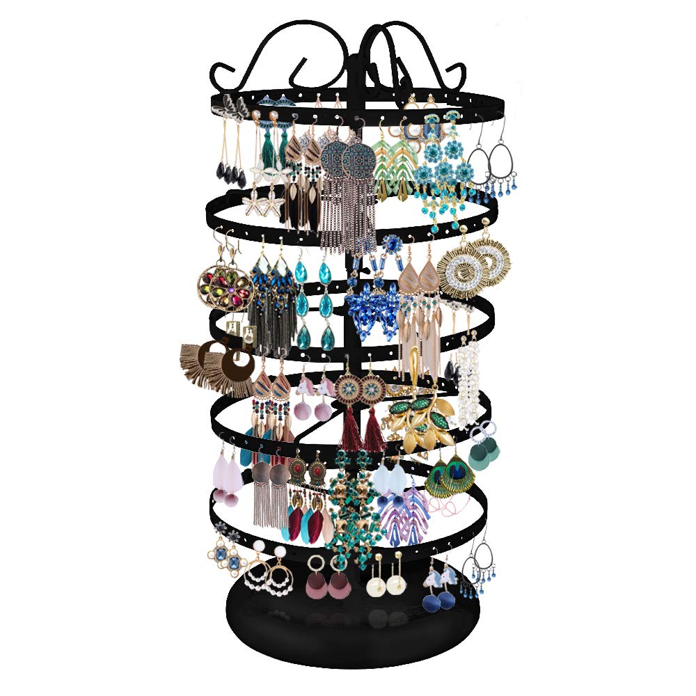 5 Tiers Metal Rotating Earring Holder Organizer, MODOWEY Exquisite Jewelry Display Stand Necklace Rack Holder, 220 Holes for Earrings- 14x6.3 Inch (Black)