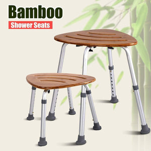 Giantex Shower Stool Bamboo Bath Seat, Shower Chair with 8 Adjustable Height & Slip-Resistant Rubber Feet, 350lb Triangular Fanshaped Bathroom Seat Stool, Waterproof Tool-Free Assembly Shower Seat