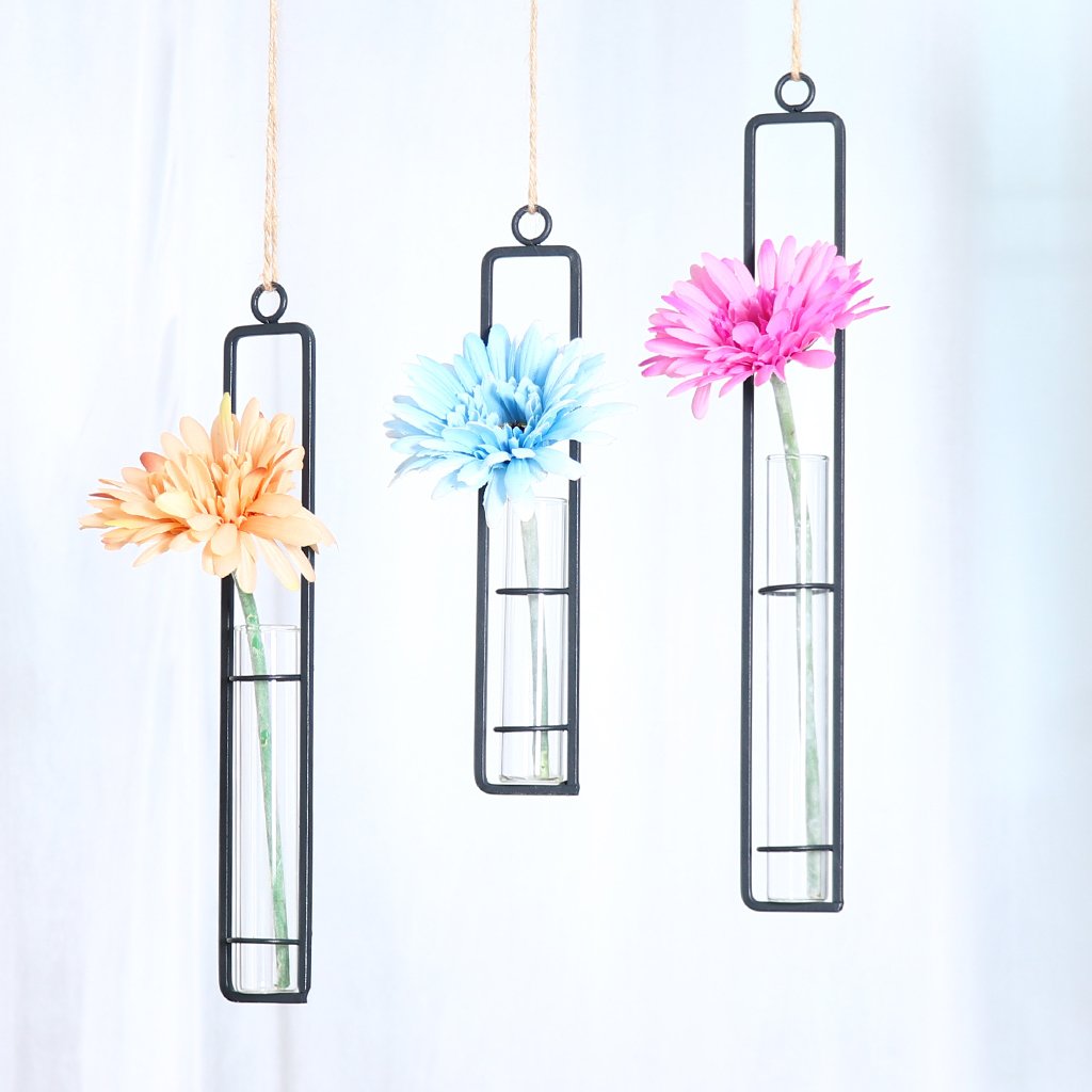 Hanging Glass Planter Water Iron Art Hydroponic Vase Transparent Test Tube Flower Hanging Bottle Home Decoration (3pcs-S,M,L)