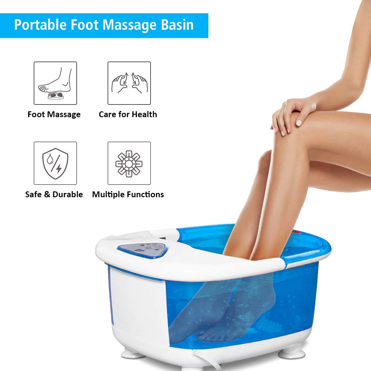Giantex Foot Spa Bath Massager with Heat, Bubbles Vibration and 4 Massage Rollers, Anti-Splash Water Guarder, Temperature Control, Pedicure Foot Massage Tub for Home Salon Use (Blue)