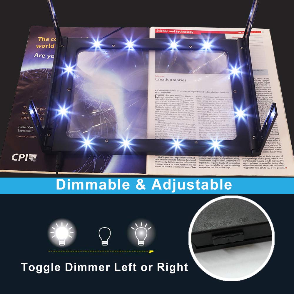 Hands-Free Magnifying Glass Large Full-Page Rectangular 3X Magnifier LED Lighted Illuminated Foldable Desktop Portable for Elder