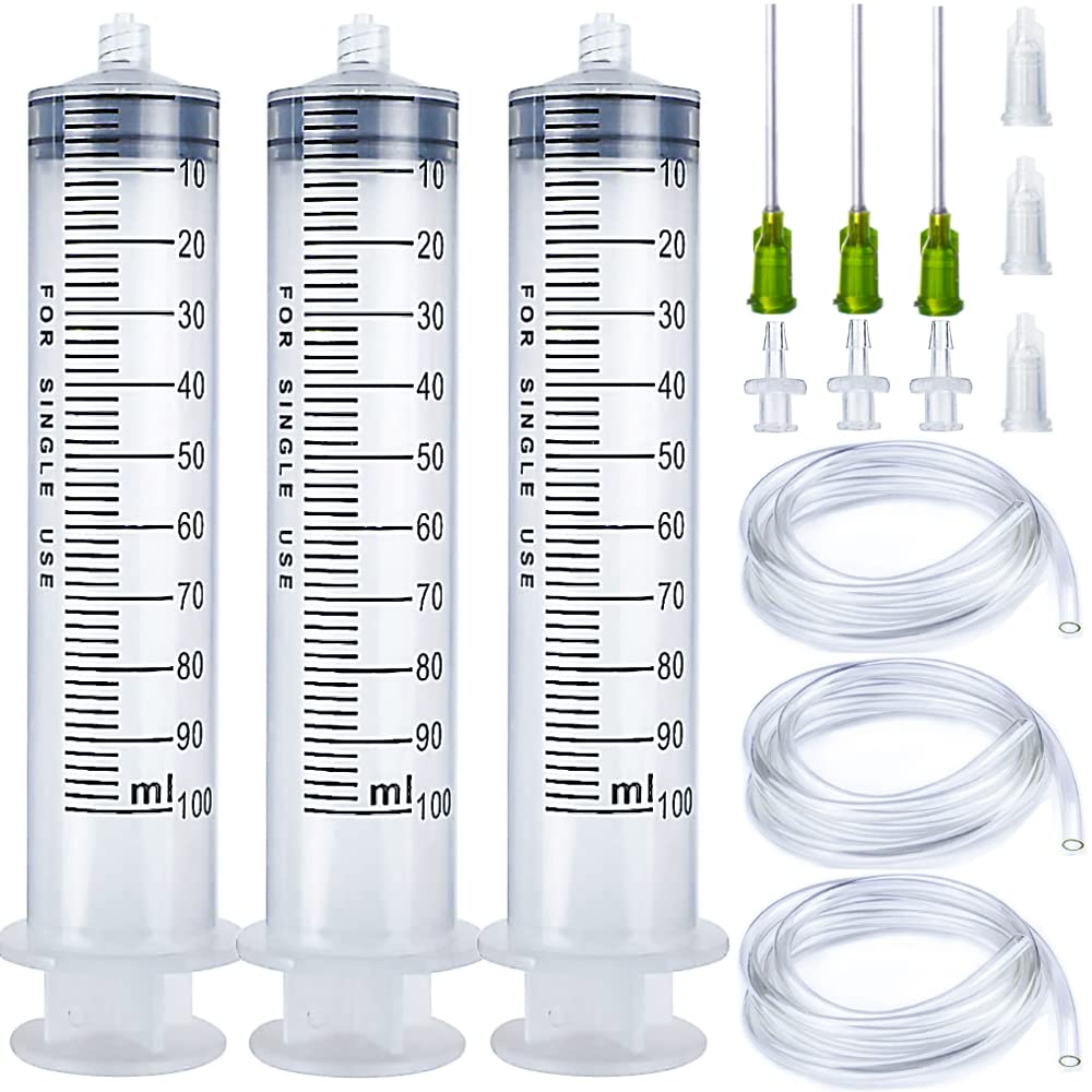 3 Pack 100ml/cc Large Plastic Syringe with 3Pcs 3.2ft Handy Plastic Tubing and Luer Connections, Tubing Connnector for Scientific Labs, Measuring, Watering, Refilling, Filtration, Feeding