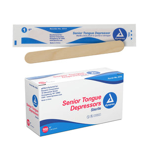 Dynarex Tongue Depressors, Sterile, 6" Senior-Sized Length, Made from Beige Birch Wood, Comes in Peel-Down Patches, 1 Box of 100