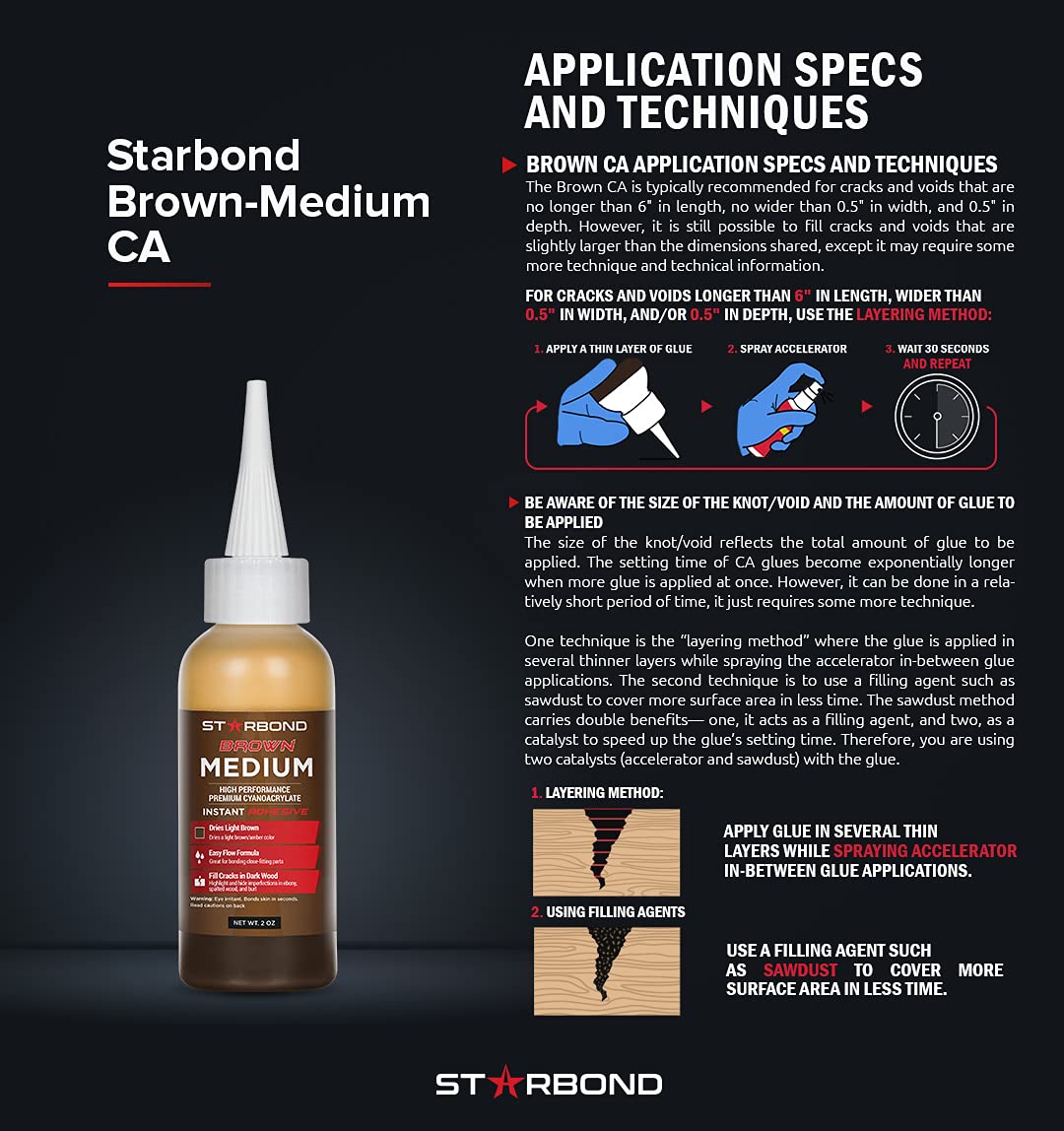 Premium Grade Cyanoacrylate (CA) Super Glue by STARBOND - 16 OZ Complete Refill KIT (453-gram) - "Light Brown" Medium Crack Filler 150 CPS Viscosity Adhesive for Woodworking, Woodturning, Carpentry
