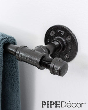 Industrial Pipe Towel Bar Fixture Set by Pipe Decor | Wall Mounted DIY Style, Heavy Duty Rustic Iron, Black Electroplated Rust Free Finish With Mounting Hardware For Kitchen Or Bath Hanging, 18 Inches