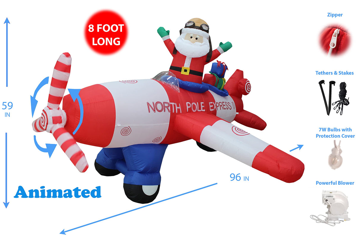 BZB Goods Animated - 8 Foot Wide Christmas Inflatable Santa Claus Flying Airplane Blow Up Yard Decoration