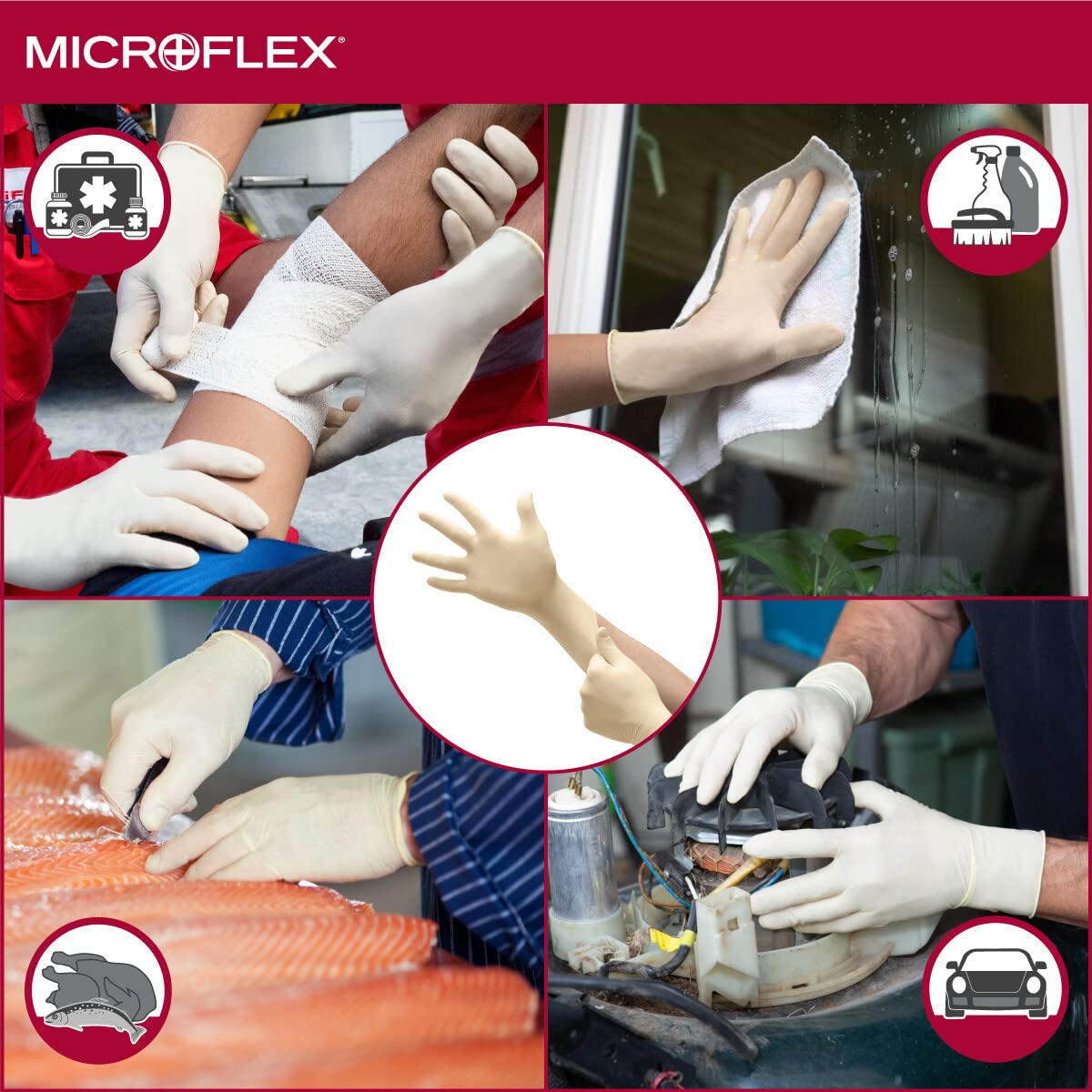Microflex Diamond Grip MF-300 Disposable Latex Gloves for Automotive, Machinery Industries - Medium, Natural Clear (Box of 100)