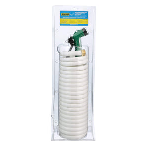 Seachoice 79691 Coiled Washdown Hose with Sprayer and Brass Fittings 25’ White