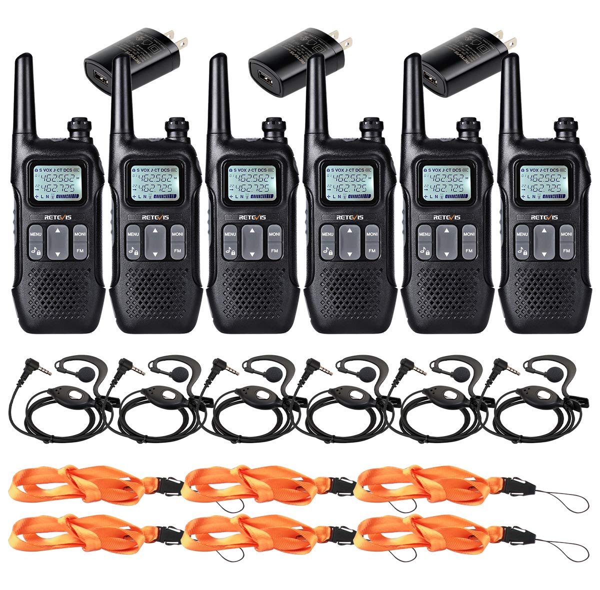 Retevis RT16 Walkie Talkies with Earpieces,Two Way Radios Long Range Rechargeable Dual Watch Emergency Flashlight NOAA VOX,2 Way Radio for Business Retail Hotel(6 Pack)