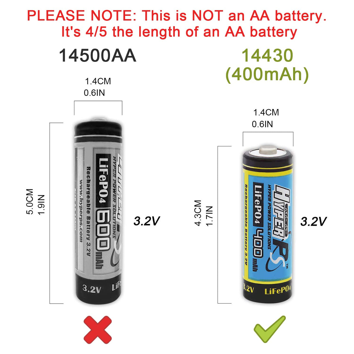 HYPERPS (4-Pack) 3.2V LiFePo4 14430 4/5 AA (14 x 43mm) 400mAh Rechargeable Battery for Solar Panel Light, Tooth Brush, Shaver, Flashlight with a Battery Carry case
