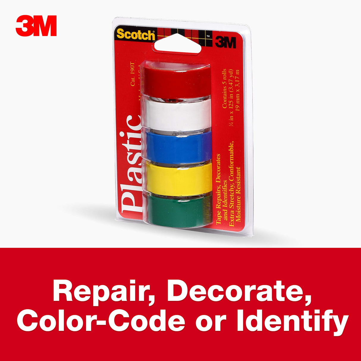 Scotch Colored Plastic Tape, 3/4 inches by 125 inches, Multi-Pack Red, White, Blue, Yellow & Green, 5 Rolls
