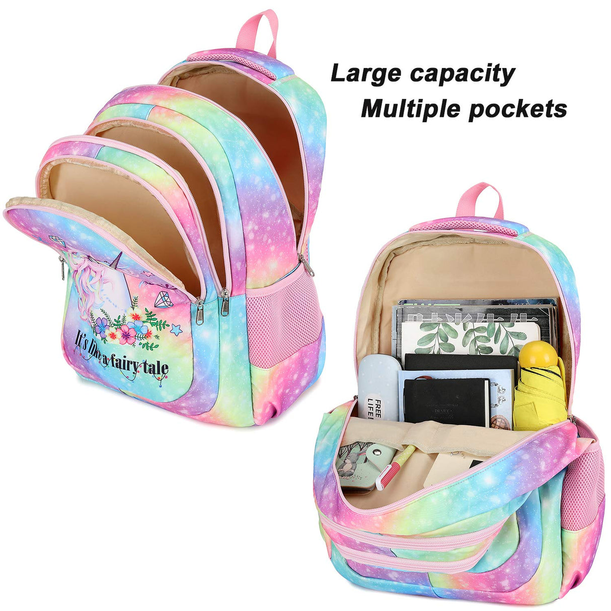 School Backpacks Girls Elementary Bookbag Cute Lightweight Backpack Set Kids Lunch box and Pencil case (Rainbow 2 - Fayry Unicorn T0032)