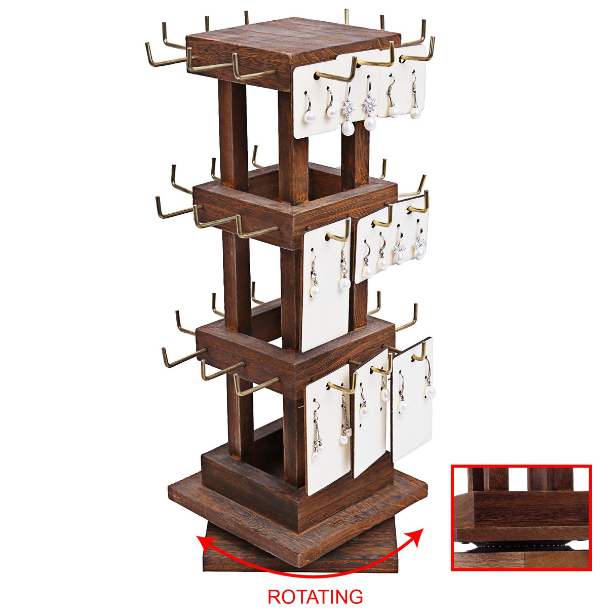 Ikee Design Natural Wood Rotating 36 Hooks Jewelry Tower, Spinning Earring Card Storage Display Holder Stand for Store, Showcase, Tradeshow and Home, Brown color
