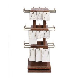 Ikee Design Natural Wood Rotating 36 Hooks Jewelry Tower, Spinning Earring Card Storage Display Holder Stand for Store, Showcase, Tradeshow and Home, Brown color