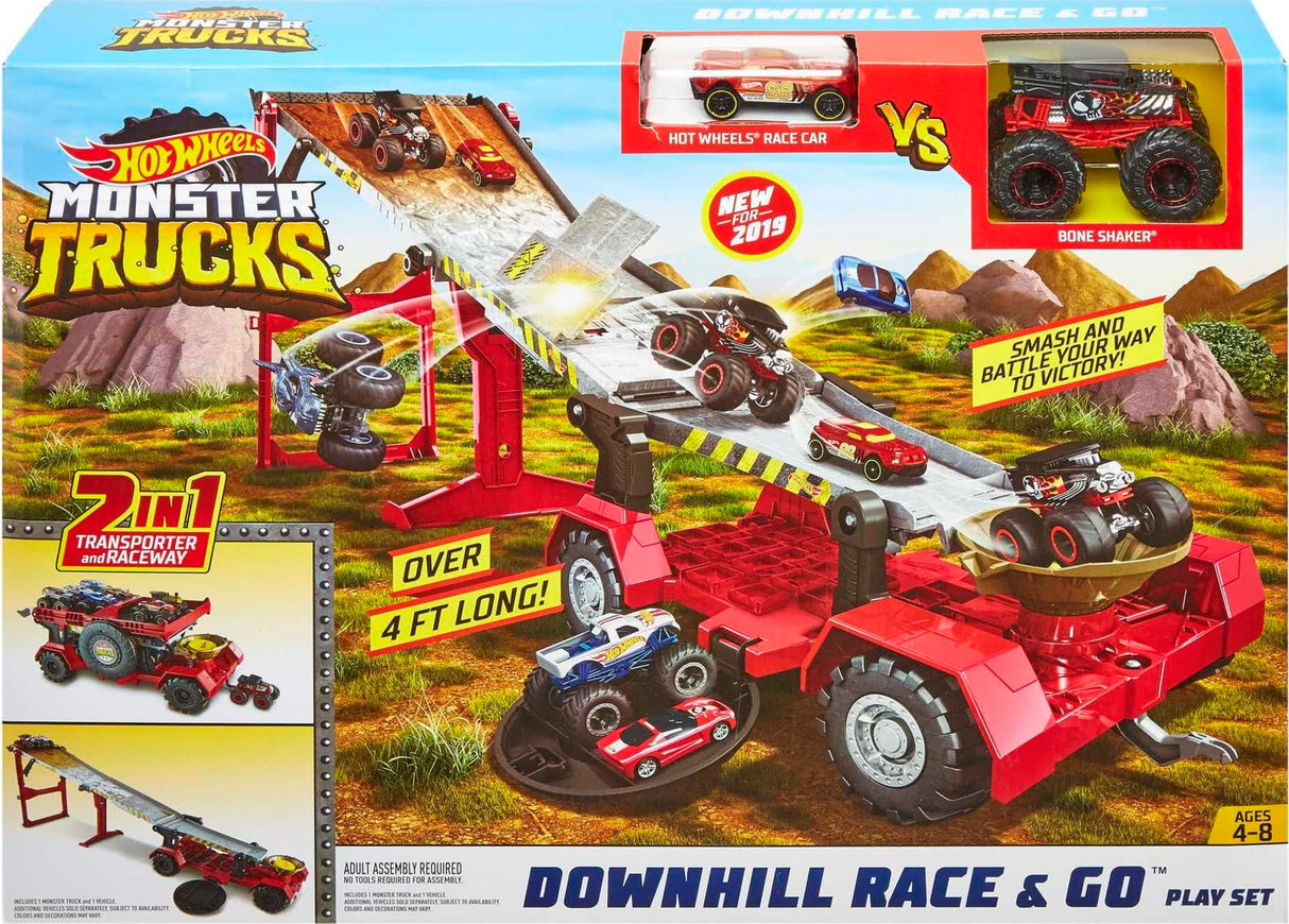 Hot Wheels Monster Trucks Down Hill Race & Go Playset with 1:64 Scale Bone Shaker Toy Truck & 1:64 Scale Toy Car