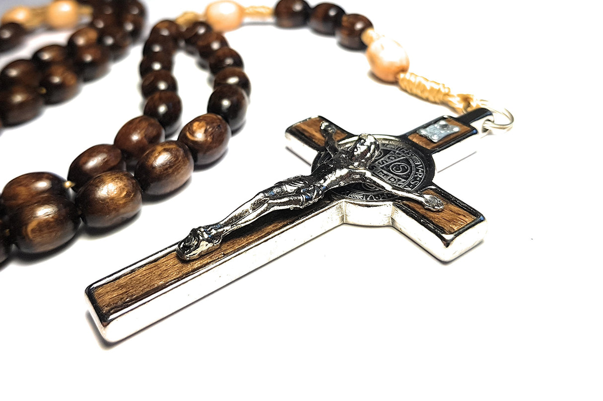 Made in Italy Rosary Blessed by Pope Francis Vatican Rome Holy Father Medal Cross Saint Benedict Patron Saint of Students, Christian Values Honor Veterans US Army solders Addiction Dependence (Brown)