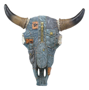 Ebros 13" Wide Western Southwest Steer Bison Buffalo Bull Cow Horned Skull Head In Cowboy Blue Denim Jeans Design Wall Mount Decor Native Indian Sacred Animal Totem Bust Skulls