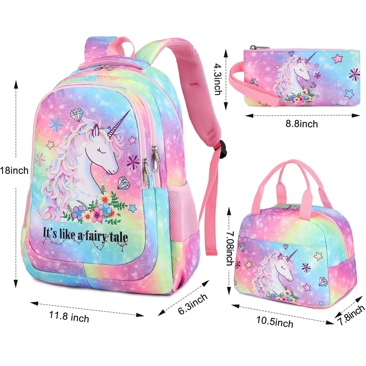 School Backpacks Girls Elementary Bookbag Cute Lightweight Backpack Set Kids Lunch box and Pencil case (Rainbow 2 - Fayry Unicorn T0032)