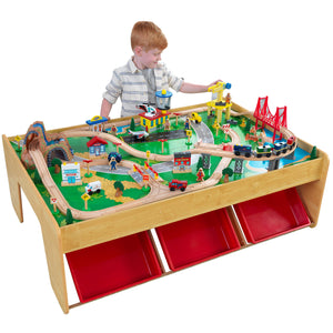 KidKraft Waterfall Mountain Wooden Train Set & Table with 120 Pieces, 3 Storage Bins, Gift for Ages 3+