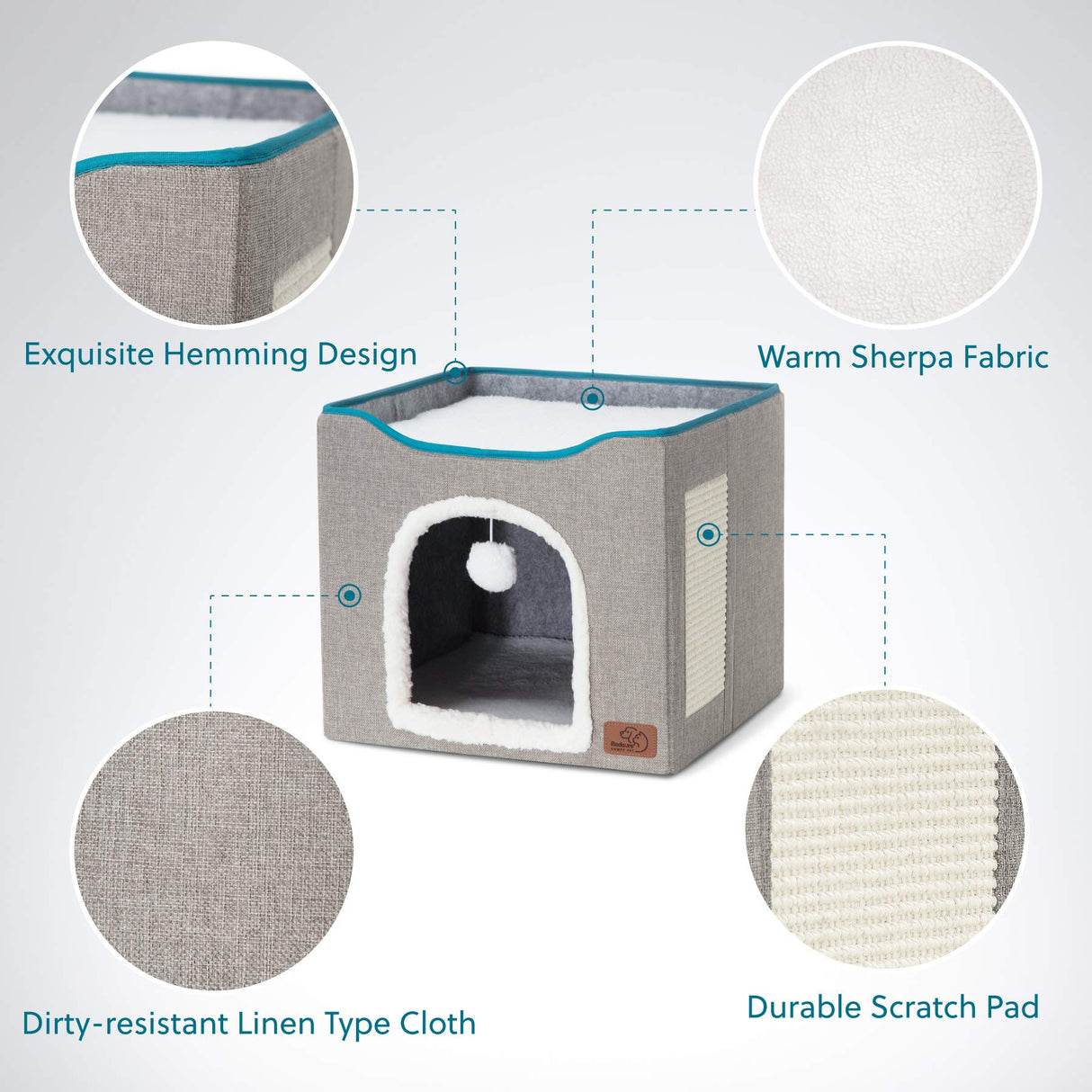 Bedsure Cat Beds for Indoor Cats - Large Cat Cave for Pet Cat House with Fluffy Ball Hanging and Scratch Pad, Foldable Cat Hideaway,16.5x16.5x14 inches, Grey