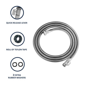 Morvat Heavy Duty 10 Foot Stainless Steel Garden Hose with All Brass Shut-Off Valve, Kink and Tangle Free, Crush and Puncture Resistant, Includes Roll of Teflon Tape and Extra Washers