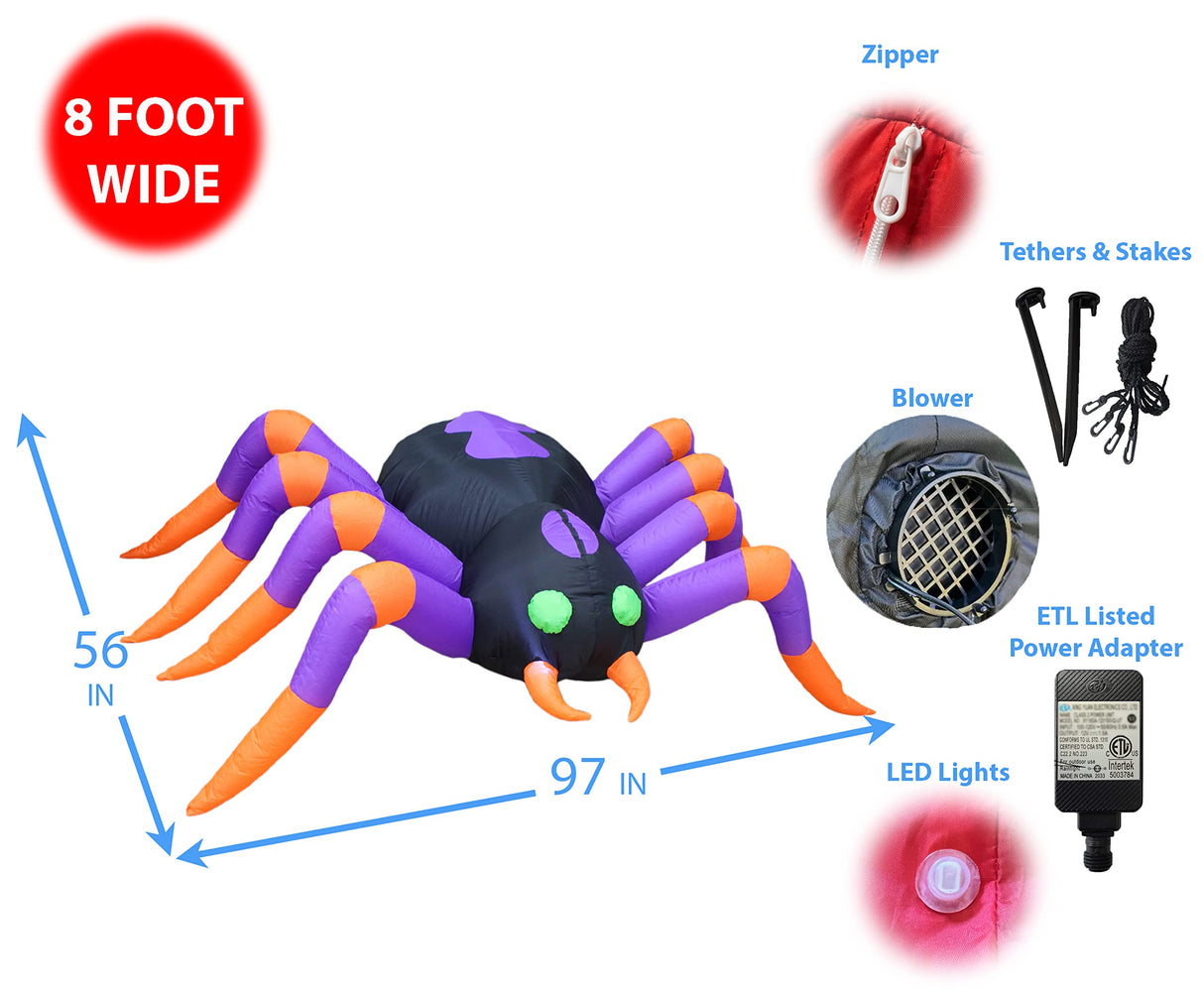 8 Foot Long Halloween Inflatable Black Purple Spider LED Lights Decor Outdoor Indoor Holiday Decorations, Blow up Lighted Yard Decor, Giant Lawn Inflatables Home Family Outside