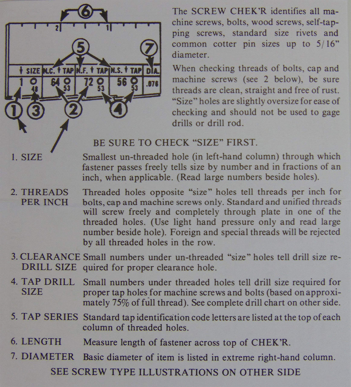 Screw Chek’r SAE/ Inch Screw Thread Size Gauge (No. 1 to 5/16) 1/8 Inch Heavy Gauge Steel Screw Checker, Made in USA