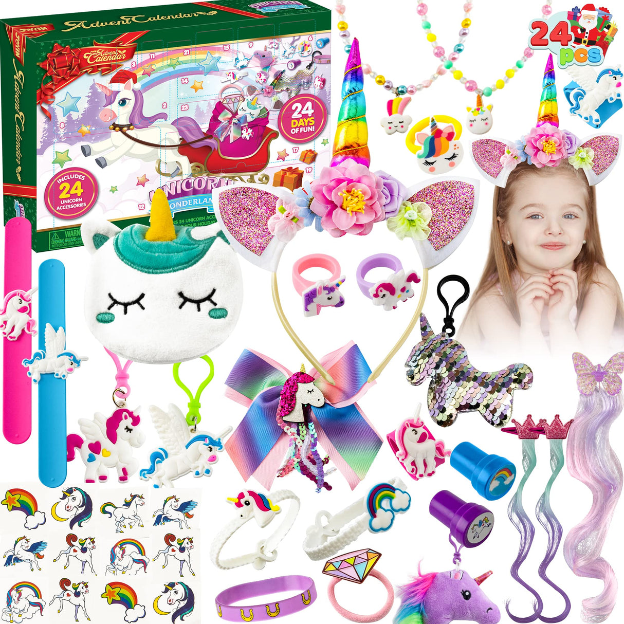 JOYIN 2023 Advent Calendar Christmas 24 Days Countdown Advent Calendar with 47 Unicorn Accessories Including Unicorn Jewelry, Necklace, Bracelets, Headband Stickers, Stamps and Rings for Kids Christmas Party Favor Gifts
