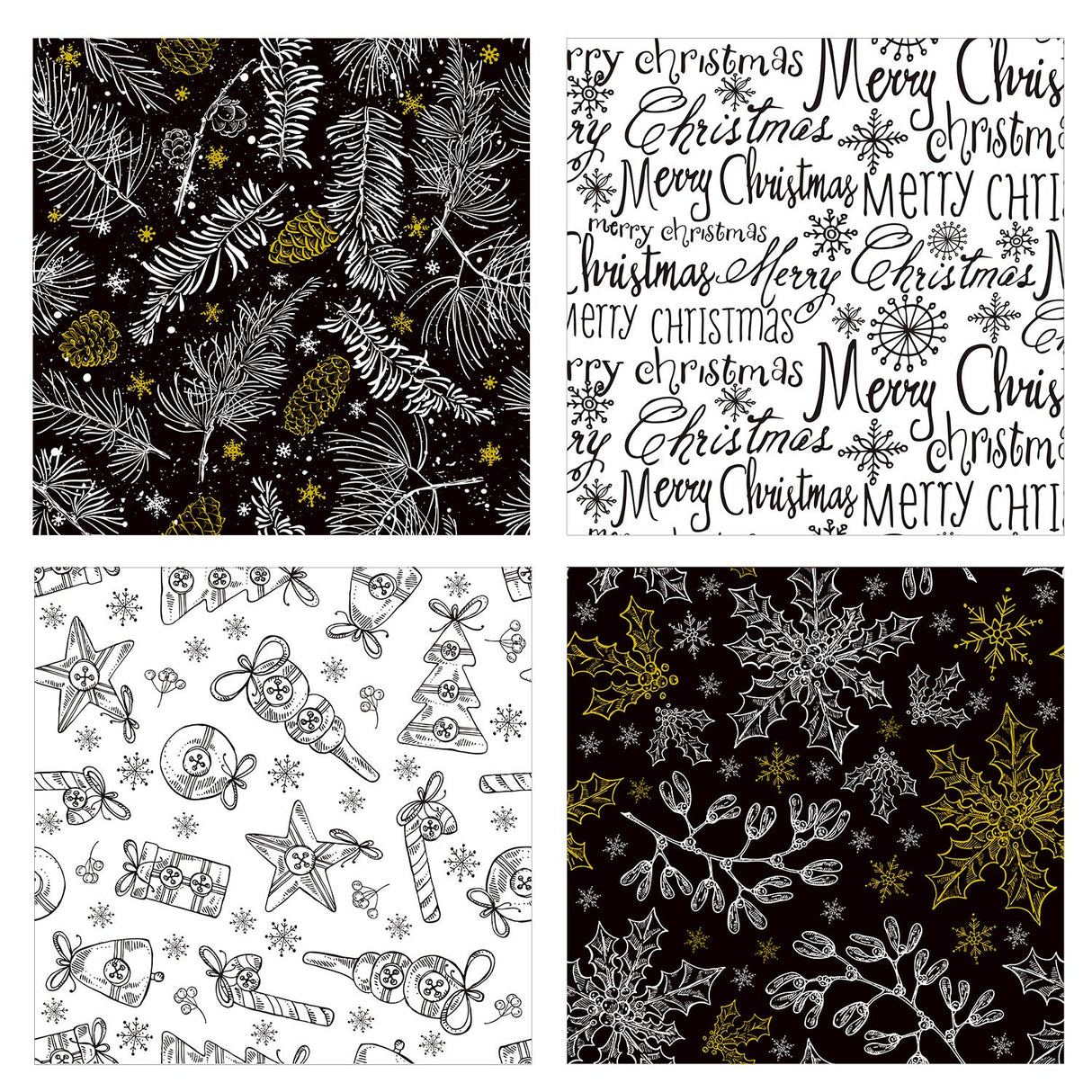 Christmas Wrapping Paper - Classic Black and White Style Designs - 4 Rolls - 30 inches x 10 feet per Roll