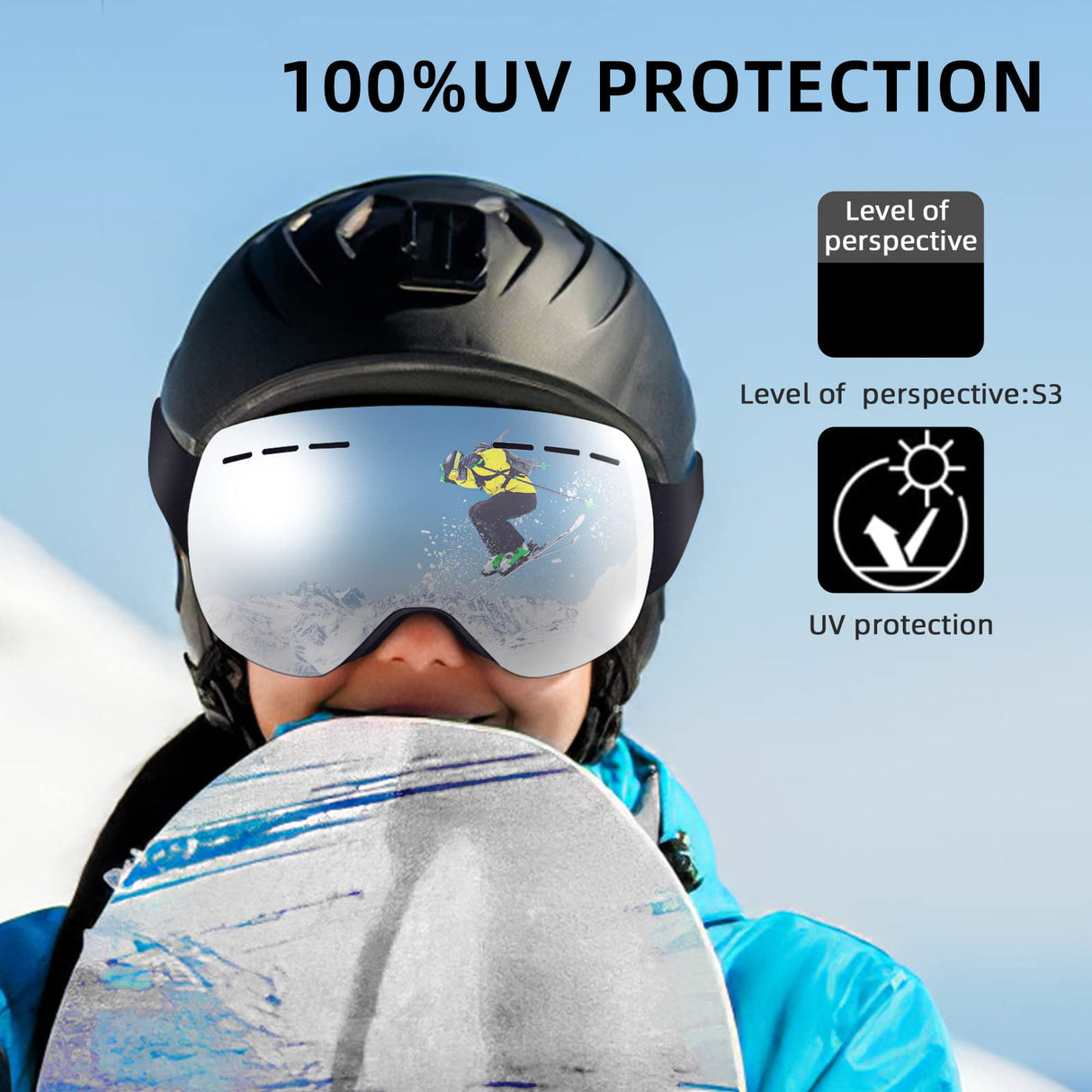 olalunule Ski Goggles Snowboard Goggles for Men and Women Anti-UV Anti-FOG Spherical Frameless Double-Layer Lens Polarized Ski Goggles over Glasses
