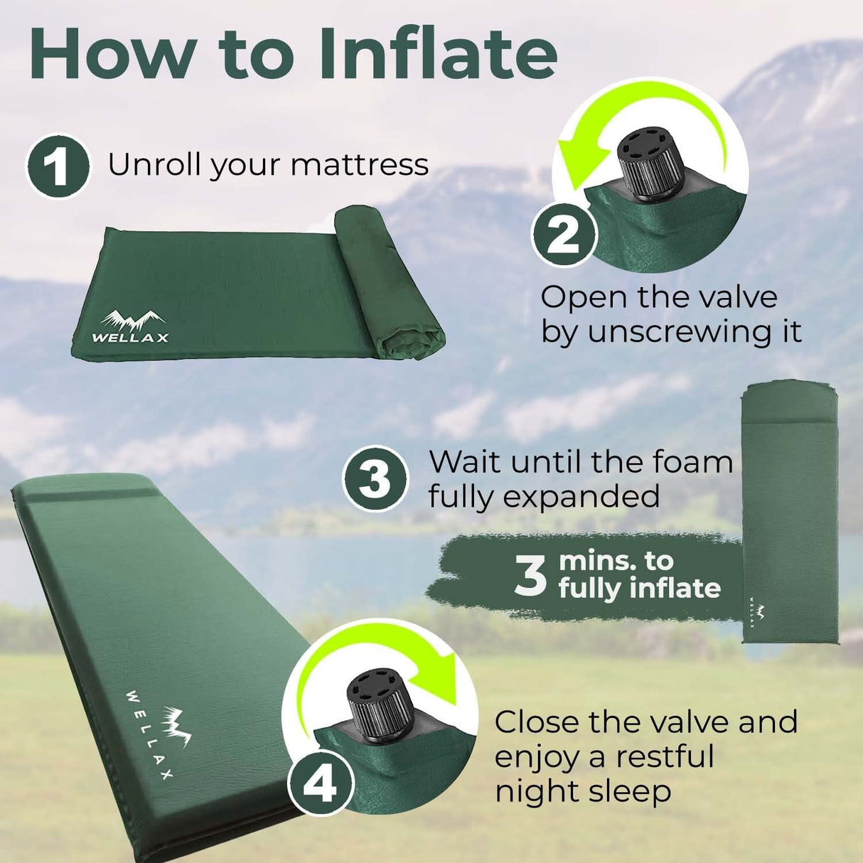 WELLAX Sleeping Pad - Foam Camping Mats, Fast Air Self-Inflating Insulated Durable Mattress for Backpacking, Traveling and Hiking - Ultrathick All-Weather Foam Pad with Build in Pillow (Green-3")
