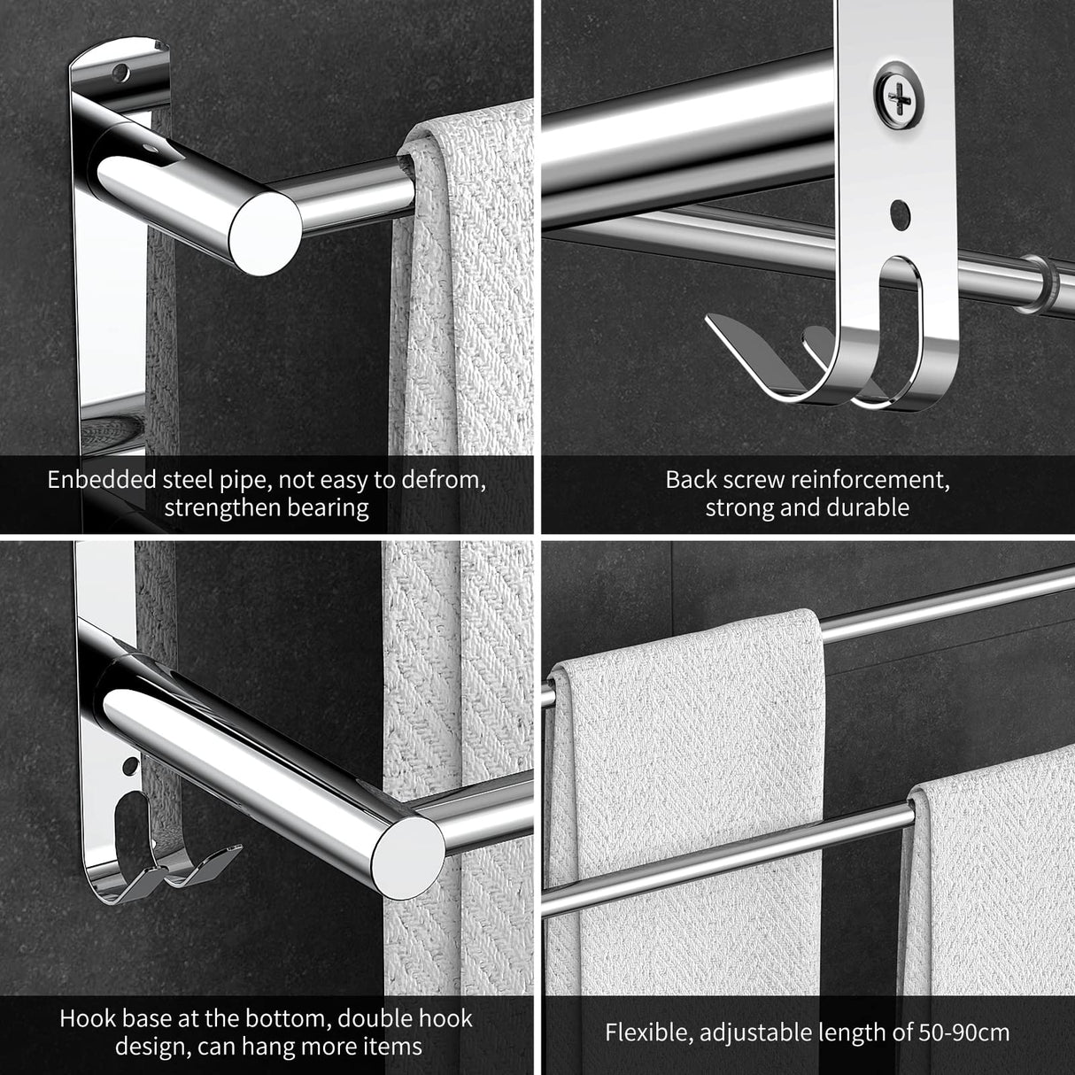 Stretchable 24-30 Inches Towel Bar for Bathroom Kitchen Hand Towel Holder Dish Cloths Hanger SUS304 Stainless Steel RUSTPROOF Wall Mount No Drill Sdjustable (Two BAR)